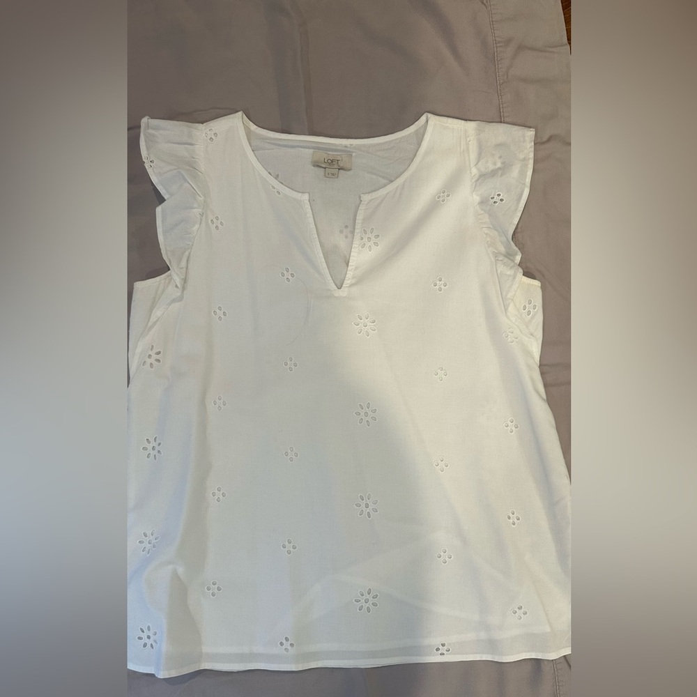 LOFT White Eyelet Ruffled Blouse Relaxed Fit